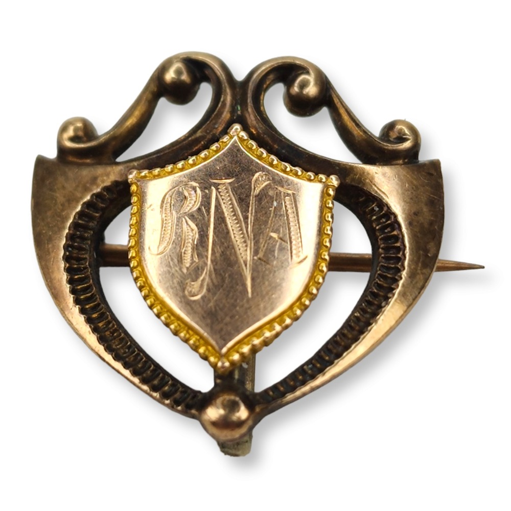 PSCO Brooch Pin Rose Gold Filled Small Rose Victorian Monogrammed RNA Shield